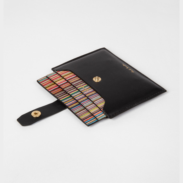 Porte-cartes en cuir noir avec extension à rayures 'Signature' - Paul Smith