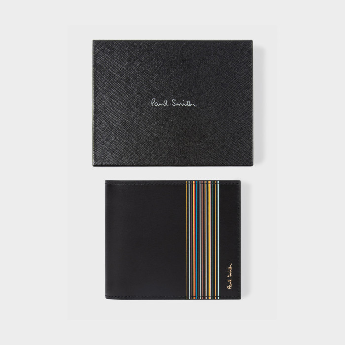 Portefeuille à rabat en cuir noir avec bloc à rayures 'Signature' - Paul Smith