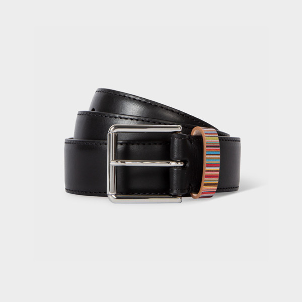 Ceinture en cuir noir avec passant à rayures 'Signature' - Paul Smith Ceinture en cuir noir avec passant à rayures 'Signature' - Paul Smith