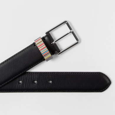 Ceinture en cuir noir avec passant à rayures 'Signature' - Paul Smith
