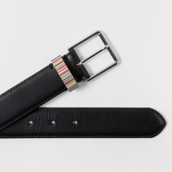 Black leather belt with 'Signature' striped keeper - Paul Smith
