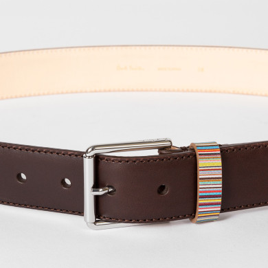 Ceinture en cuir marron avec passant à rayures 'Signature' - Paul Smith