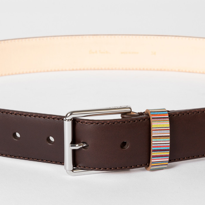 Brown leather belt with 'Signature' striped keeper - Paul Smith