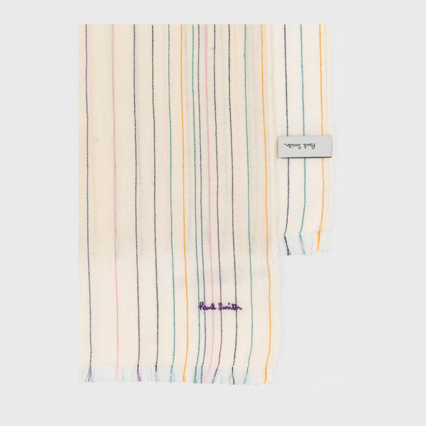 Écharpe Blanc Cassé à Rayures Cousues en Coton - Paul Smith