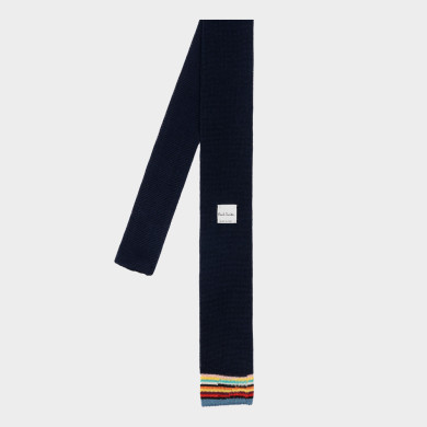 Cravate en coton tricoté noir avec une pointe à rayures signature - Paul Smith