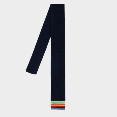 Cravate en coton tricoté noir avec une pointe à rayures signature - Paul Smith