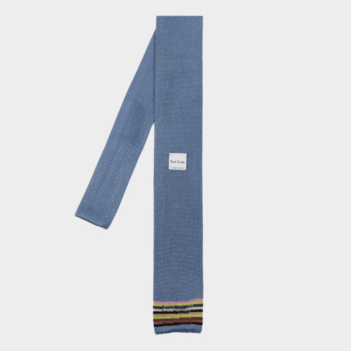 Blue Knitted Cotton Tie with 'Signature Stripe' Tip - Paul Smith