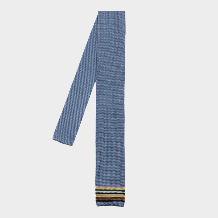 Blue Knitted Cotton Tie with 'Signature Stripe' Tip - Paul Smith