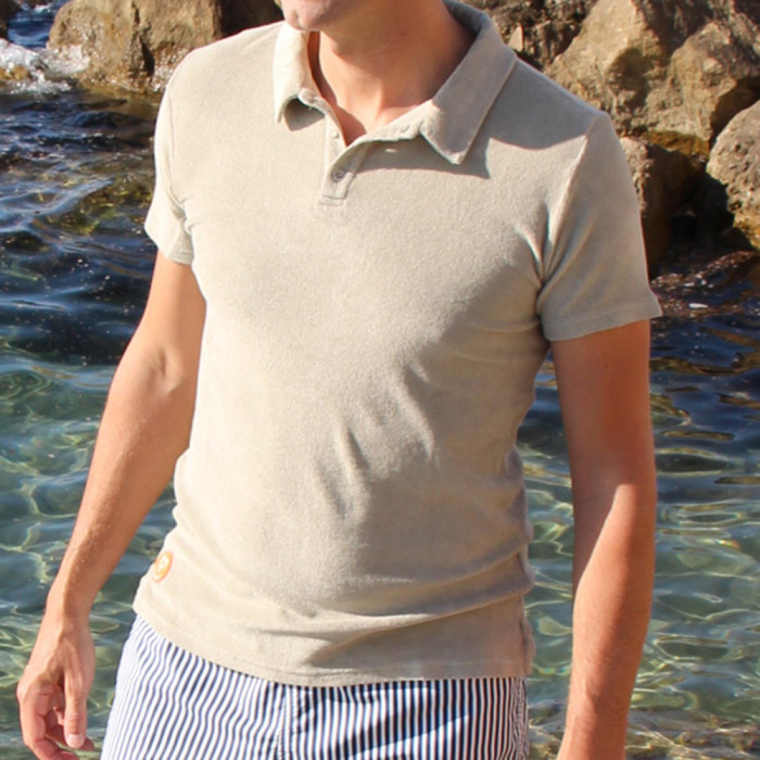 Light khaki terry toweling polo shirt 100% cotton