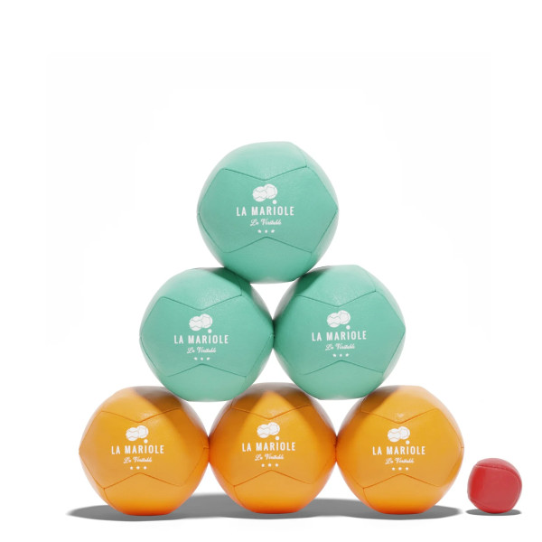 Boules de pétanque en cuir recyclé bleu turquoise et orange - La Mariole Boules de pétanque en cuir recyclé bleu turquoise et orange - La Mariole