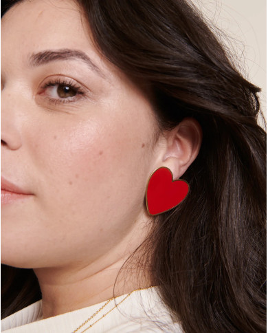 Boucles d'oreilles Big Love grand cœur rouge - dorées à l'or fin 24 carats Boucles d'oreilles Big Love grand cœur rouge - dorées à l'or fin 24 carats