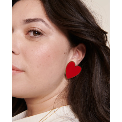 Boucles d'oreilles Big Love grand cœur rouge - dorées à l'or fin 24 carats Boucles d'oreilles Big Love grand cœur rouge - dorées à l'or fin 24 carats