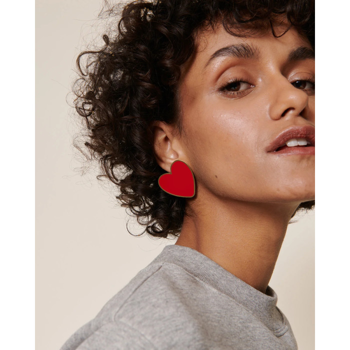 Boucles d'oreilles Big Love grand cœur rouge - dorées à l'or fin 24 carats