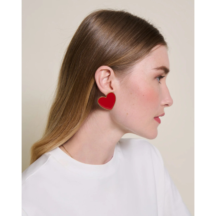 Boucles d'oreilles Big Love grand cœur rouge - dorées à l'or fin 24 carats