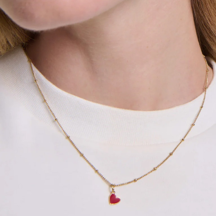 Médaille Manon petit cœur rouge - dorée à l'or fin 24 carats - 7mm