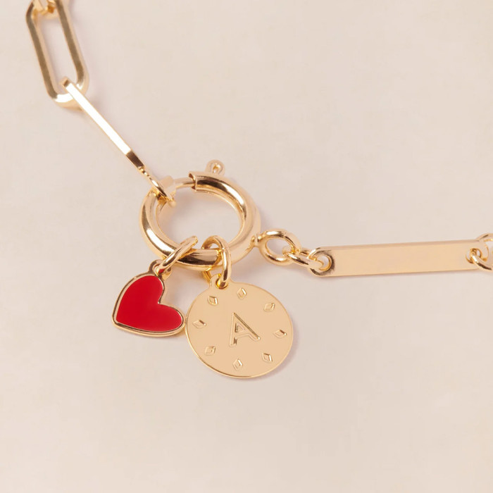 Médaille Manon petit cœur rouge - dorée à l'or fin 24 carats - 7mm