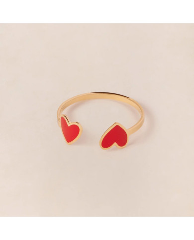 Bague Billie 2 cœurs rouges - dorée à l'or fin 24 carats Bague Billie 2 cœurs rouges - dorée à l'or fin 24 carats