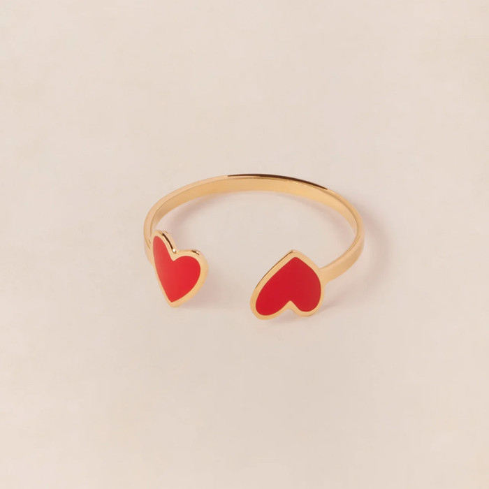 Bague Billie 2 cœurs rouges - dorée à l'or fin 24 carats