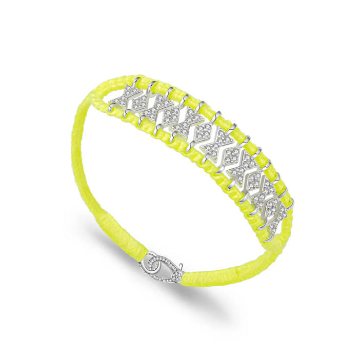 Bracelet Buzios Jaune fluo Fil de coton, argent 925 et diamants