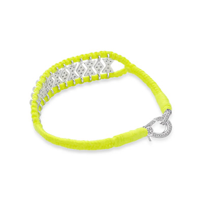 Bracelet Buzios Jaune fluo Fil de coton, argent 925 et diamants