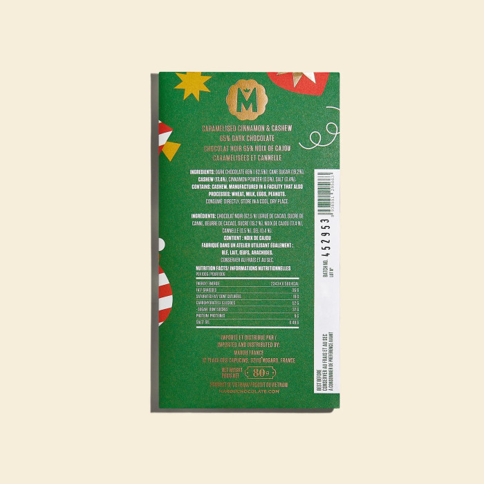 Tablette de chocolat noir 65% à la cannelle caramélisée et aux noix de cajou – Édition de Noël
