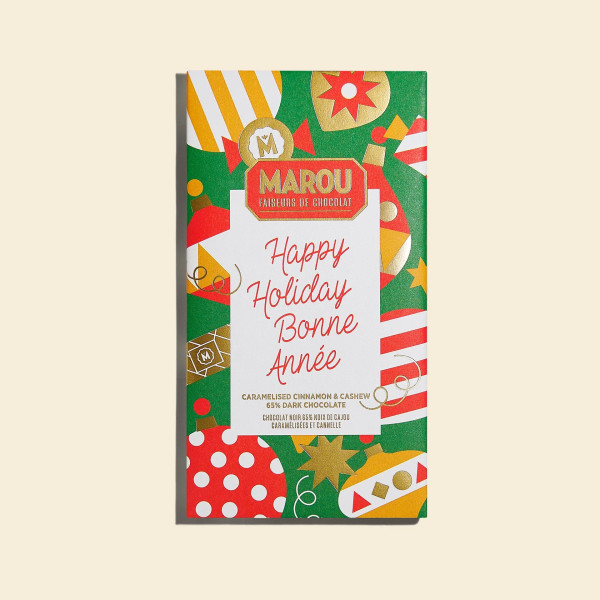 Tablette de chocolat noir 65% à la cannelle caramélisée et aux noix de cajou – Édition de Noël