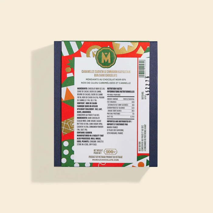 Napolitain chocolat noir 65% aux noix de cajou caramélisées et à la cannelle – Édition de Noël