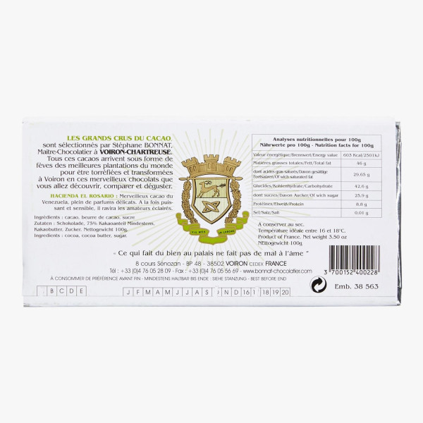 Chocolat Noir Hacienda del Rosario 100g - Bonnat