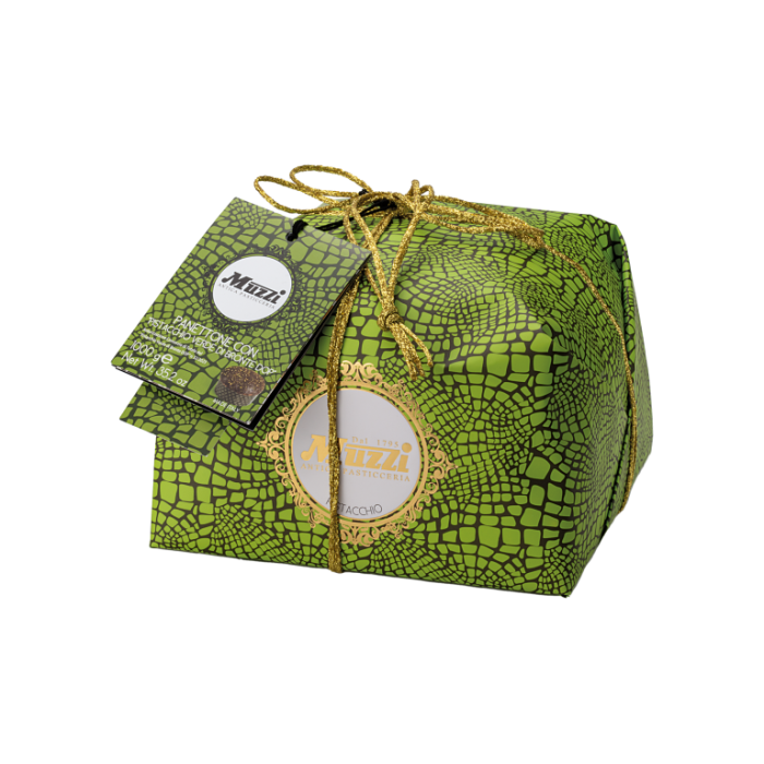 Panettone à la pistache Crème de pistache enrobée de chocolat et de pistaches hachées