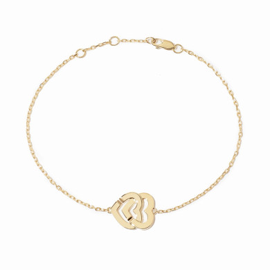 Bracelet sur chaîne Double Cœurs petit modèle or jaune