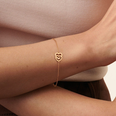 Bracelet sur chaîne Double Cœurs petit modèle or jaune