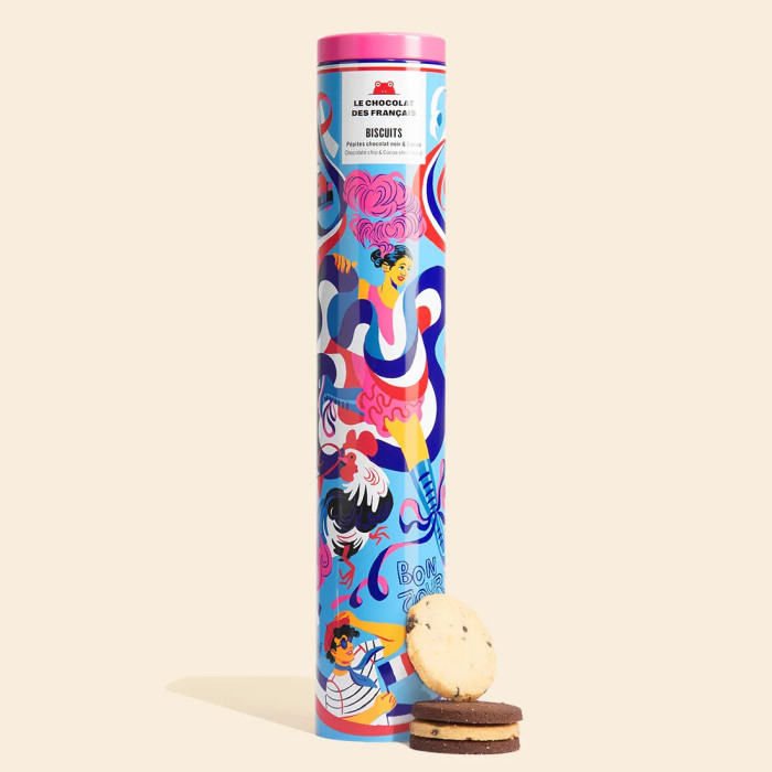 Biscuits Pépites et Cacao en boite métal décorée French cancan" - Le Chocolat des français