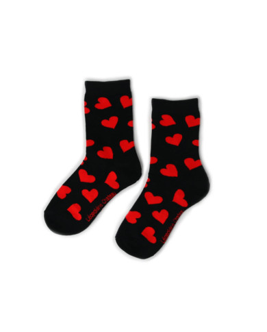 Black cotton socks with red hearts - unique size
