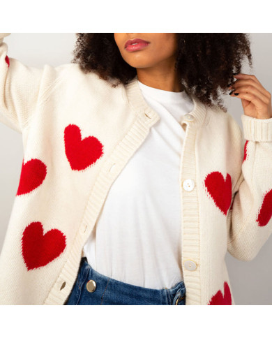 White cardigan with red hearts - Size M