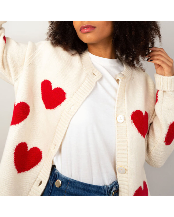White cardigan with red hearts - Size M | Publicisdrugstore