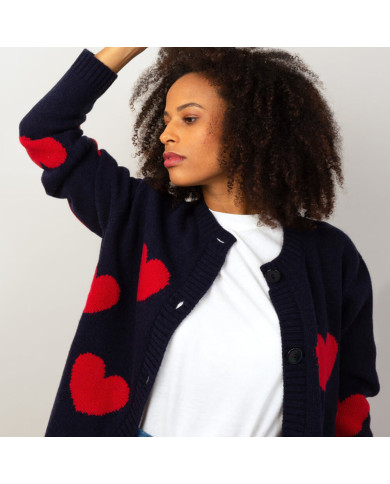 Navy blue cardigan with red hearts - Size M